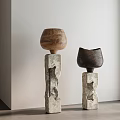 Modern Minimalist Decorative Ornament Set with Wooden Top and Stone Base