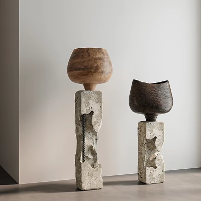 Modern Minimalist Decorative Ornament Set with Wooden Top and Stone Base 3d model