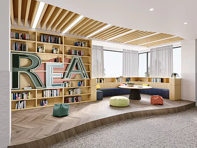 Book Art Inspired Interior Design With Bookshelves Large Letters And Comfy Seating 3d model