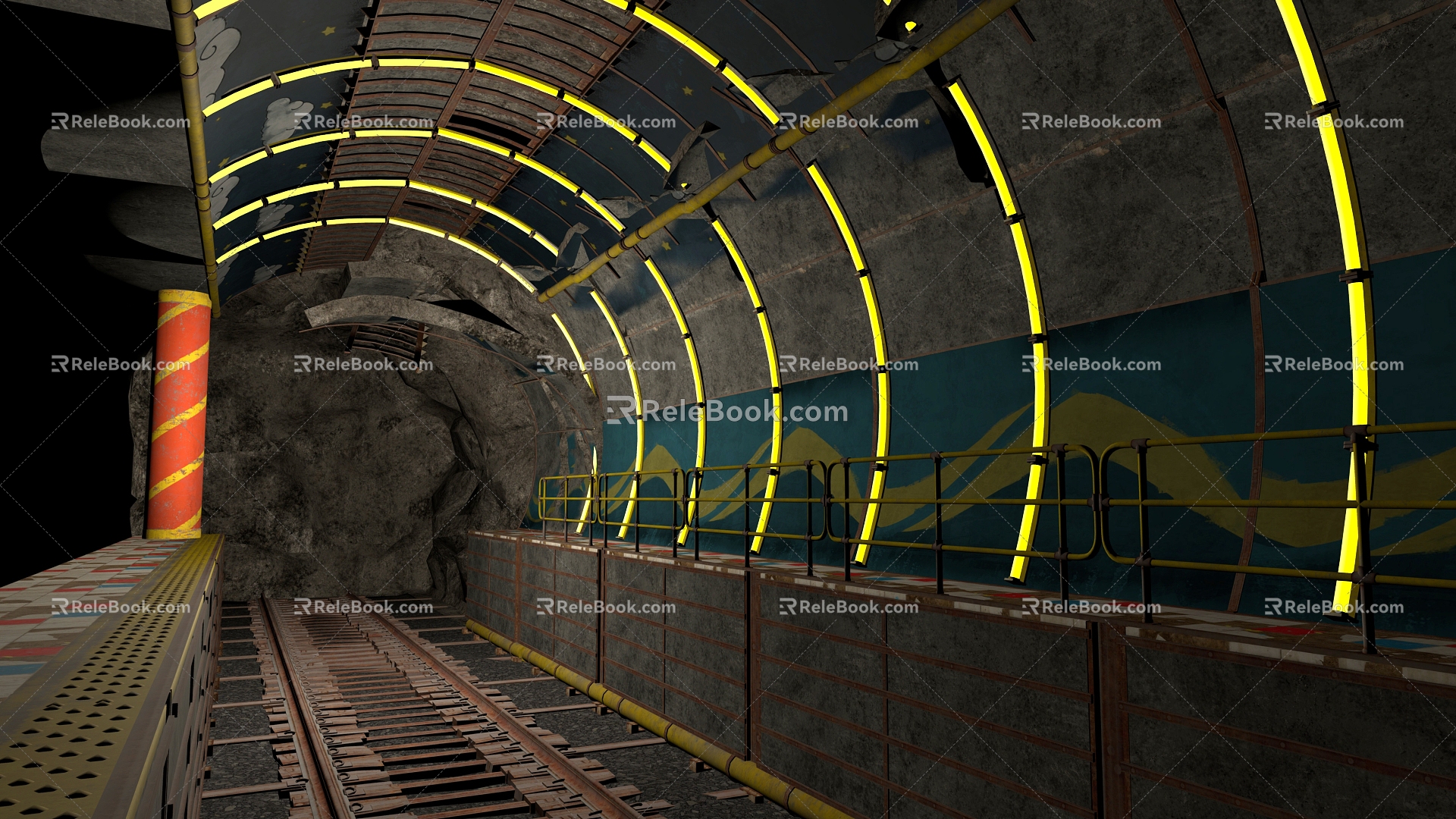 Train Tunnel Time Train Station Track Tunnel Aisle Space Station Cyberpunk Tunnel 3d model