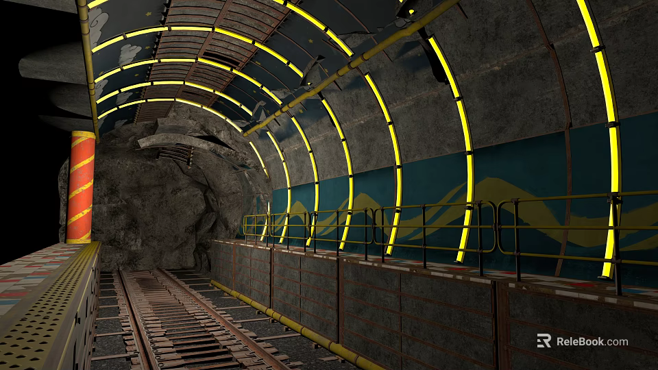 Future Architecture Tunnel Interior With Yellow Curved Lights Gray Walls And Metal Railings 3d model 