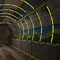 Future Architecture Tunnel Interior With Yellow Curved Lights Gray Walls And Metal Railings