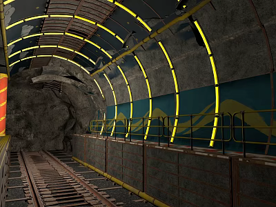 Future Architecture Tunnel Interior With Yellow Curved Lights Gray Walls And Metal Railings 3d model