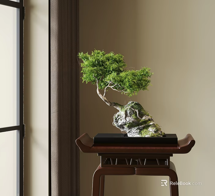 Bonsai Plant With Curved Trunk Green Foliage On Wooden Table Indoor Setting 3d model 