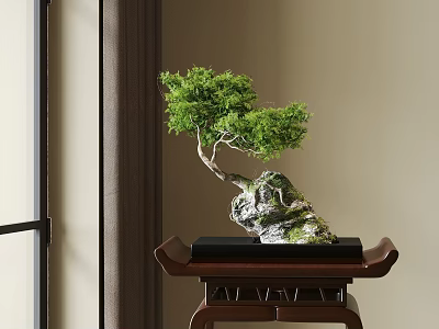Bonsai Plant With Curved Trunk Green Foliage On Wooden Table Indoor Setting 3d model