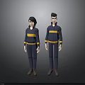 Two Men In Blue Uniforms With Yellow Stripes Standing On Dark Background