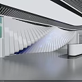 Modern Futuristic Exhibition Hall Interior With Curved Wall Blue Illuminated Installation And White Reception Desk