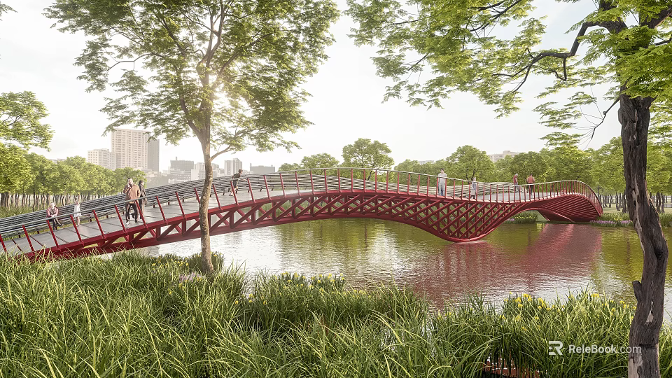 Red Arch Landscape Bridge Over River With People Walking And Distant City Buildings 3d model 