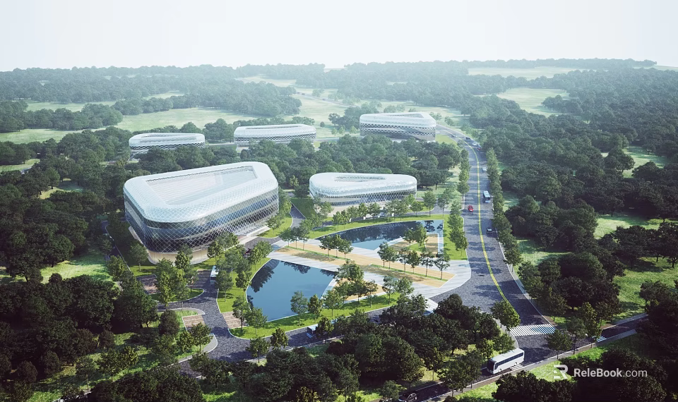 Aerial View of Urban Planning Featuring Modern Buildings Green Areas Lake Roads and Vehicles 3d model 