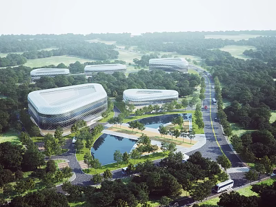 Aerial View of Urban Planning Featuring Modern Buildings Green Areas Lake Roads and Vehicles 3d model