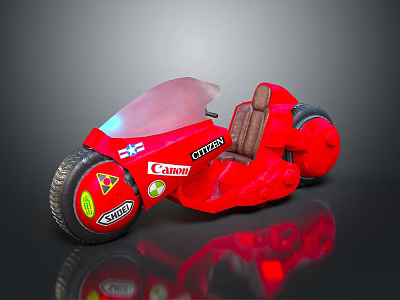 Red Motorcycle Featuring Shiny Surface Transparent Windshield Brown Seat and Wheel Stickers 3d model