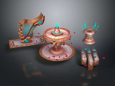 Elaborate Fantasy Decorative Pieces Featuring Golden Harp Blue Gemstones and Scattered Pink Petals 3d model
