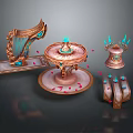 Elaborate Fantasy Decorative Pieces Featuring Golden Harp Blue Gemstones and Scattered Pink Petals