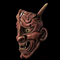 Traditional Red Horned Carved Wooden Mask With Intricate Facial Features