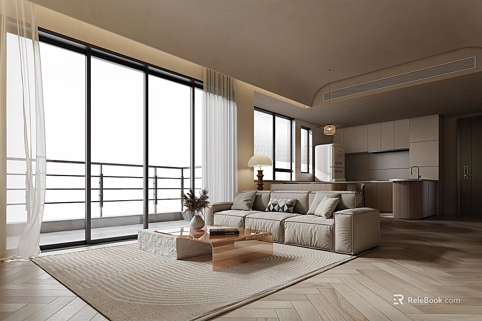 Modern Living Dining Room With Floor to Ceiling Windows Sofa Coffee Table And Wooden Flooring 3d model 