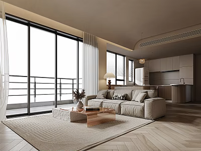 Modern Living Dining Room With Floor to Ceiling Windows Sofa Coffee Table And Wooden Flooring 3d model