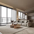 Modern Living Dining Room With Floor to Ceiling Windows Sofa Coffee Table And Wooden Flooring