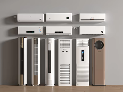 Various Types of Air Conditioner Fans Including Wall Mounted and Floor Standing Designs 3d model