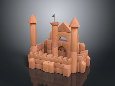 Toy Block Castle Building Constructed With Towers Flag And Surrounding Walls 3d model