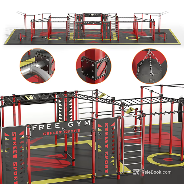 Free Gym Fitness Training Equipment with Red Black Frames Climbing Ladders Chains and Workout Station 3d model 