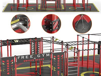 Free Gym Fitness Training Equipment with Red Black Frames Climbing Ladders Chains and Workout Station 3d model