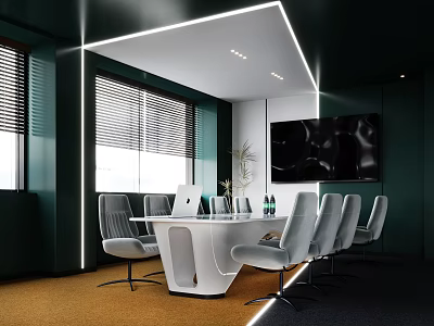Modern Conference Room With Dark Green Walls White Table Gray Chairs And Large Screen 3d model