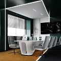 Modern Conference Room With Dark Green Walls White Table Gray Chairs And Large Screen