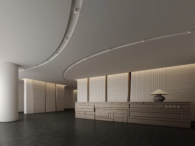 Modern Shop Front Desk With Wooden Counter Textured Walls And Ambient Lighting Design 3d model