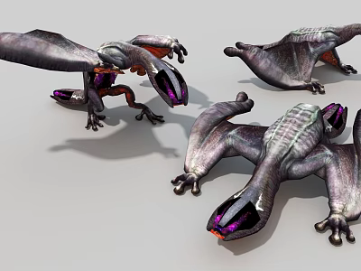 Three Winged Game and Movie Creature Characters with Purple Glowing Parts Scaly Skin and Poses 3d model