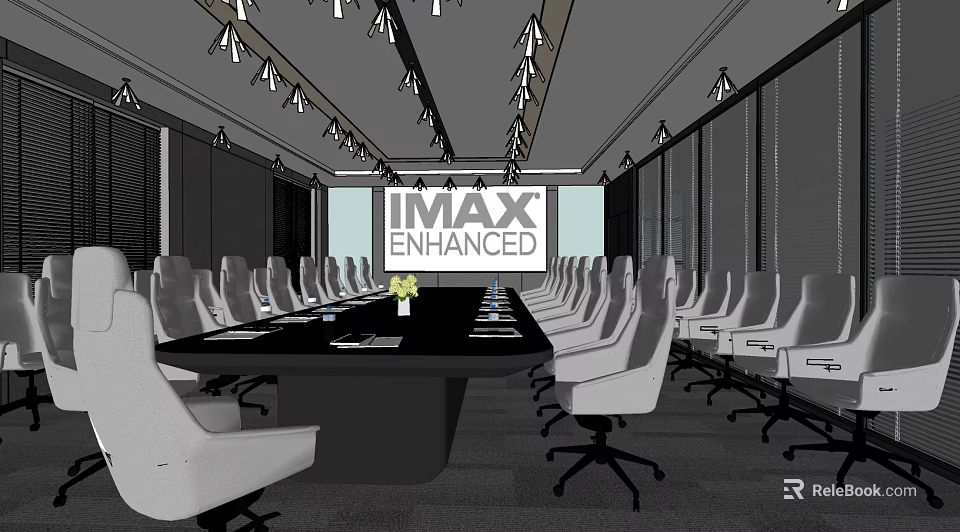 Modern Conference Room With Long Table White Chairs Ceiling Lights And IMAX Enhanced Screen 3d model 