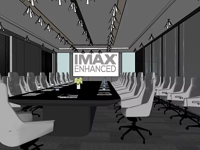 Modern Conference Room With Long Table White Chairs Ceiling Lights And IMAX Enhanced Screen 3d model