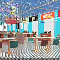 Vibrant Indoor Food Court With Neon Signs Tables Chairs And Colorful Lights