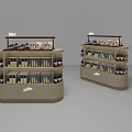 Curved Beige Display Shelves With Multiple Layers And Bottled Products Featuring KOS Logo