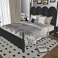 Classic Double Bed With Decorative Headboard Patterned Bedding Nightstand And Checkered Rug 3d model