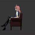 Game Anime Character With Pink Hair Twin Tails Sitting On Brown Armchair In School Uniform