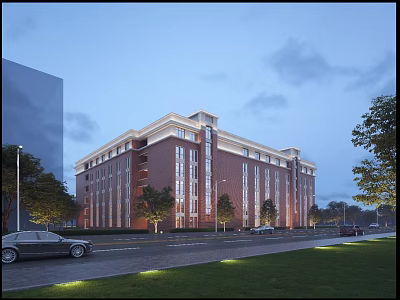Multi Story Red Brick School Building With Modern Design Trees And Street At Dusk 3d model