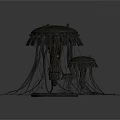 Two Metallic Jellyfish Like Structures With Hanging Tentacles And Circular Bases