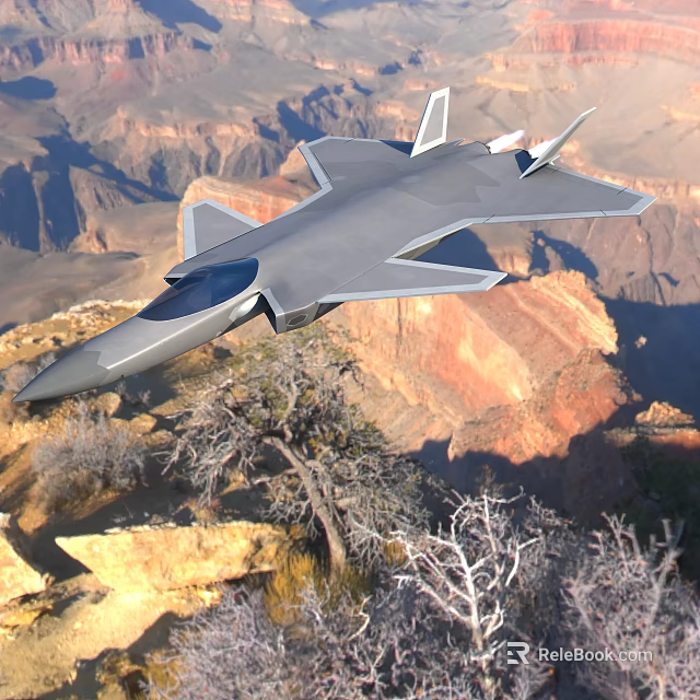 Gray Fighter Jet Flying Over Canyon With Mountainous Landscape And Trees 3d model 