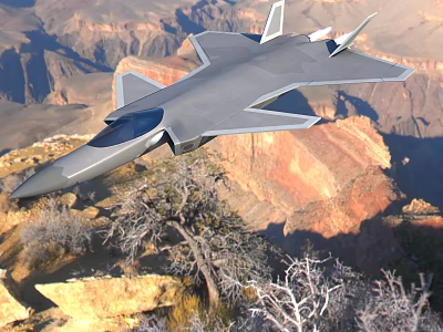 Gray Fighter Jet Flying Over Canyon With Mountainous Landscape And Trees 3d model