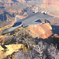 Gray Fighter Jet Flying Over Canyon With Mountainous Landscape And Trees