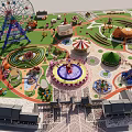Scenic Amusement Park Landscape Featuring Ferris Wheel Carousel Traditional Buildings Colorful Decorations and Open Square
