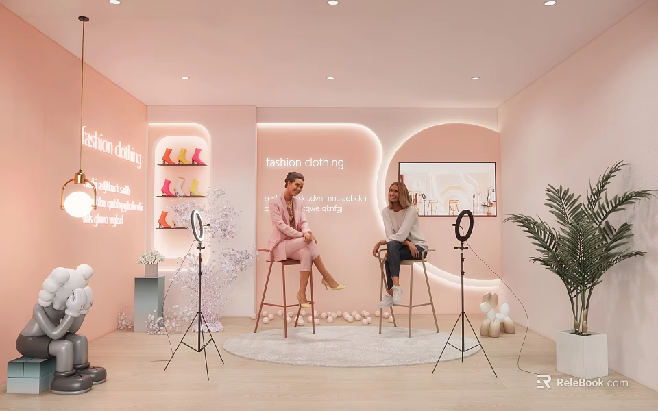 Fashion Cooking Themed Live Stream Studio With Pink Decor Two Hosts And Ring Lights 3d model 