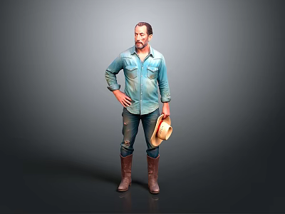Man In Blue Shirt Jeans And Brown Boots Holding Hat Standing Pose 3d model