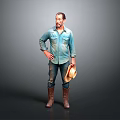 Man In Blue Shirt Jeans And Brown Boots Holding Hat Standing Pose