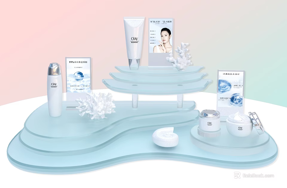 Elegant Skincare Products On Light Blue Wave Shaped Layered Display With White Decorative Elements 3d model 