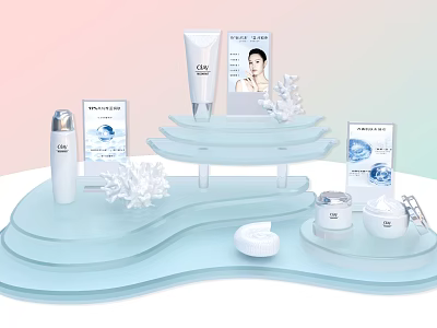 Elegant Skincare Products On Light Blue Wave Shaped Layered Display With White Decorative Elements 3d model