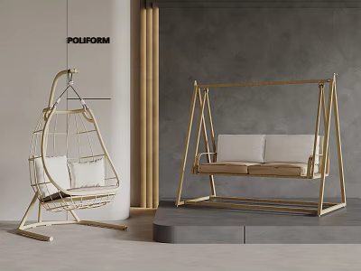 Modern Rattan And Wooden Frame Hanging Swing Chairs With White Cushions In Gray Wall Interior 3d model