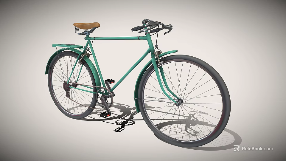 Vintage Teal Bicycle With Brown Seat Black Wheels And Rear Rack 3d model 