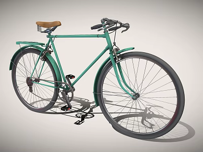 Vintage Teal Bicycle With Brown Seat Black Wheels And Rear Rack 3d model