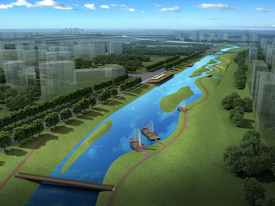 Urban Waterfront Landscape Design With River Pathways Green Areas Trees Boats And City Buildings 3d model